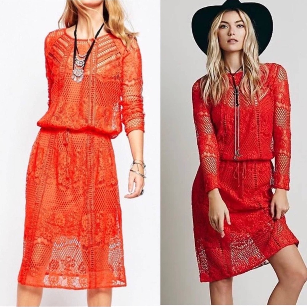 Luna Long-Sleeve Crocheted Lace Dress in Pimento